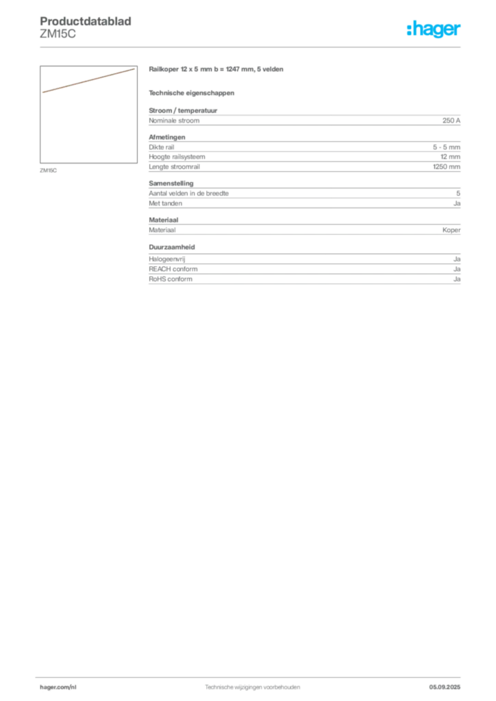 Afbeelding Hager Productdatablad ZM15C | Hager Nederland