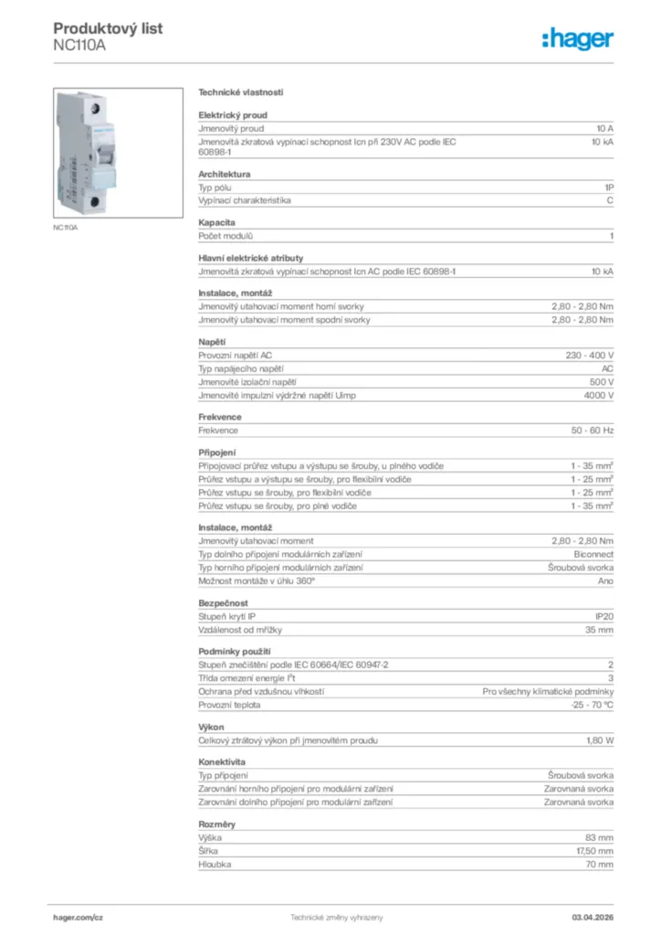 Obrázek Hager Product data sheet NC110A | Hager