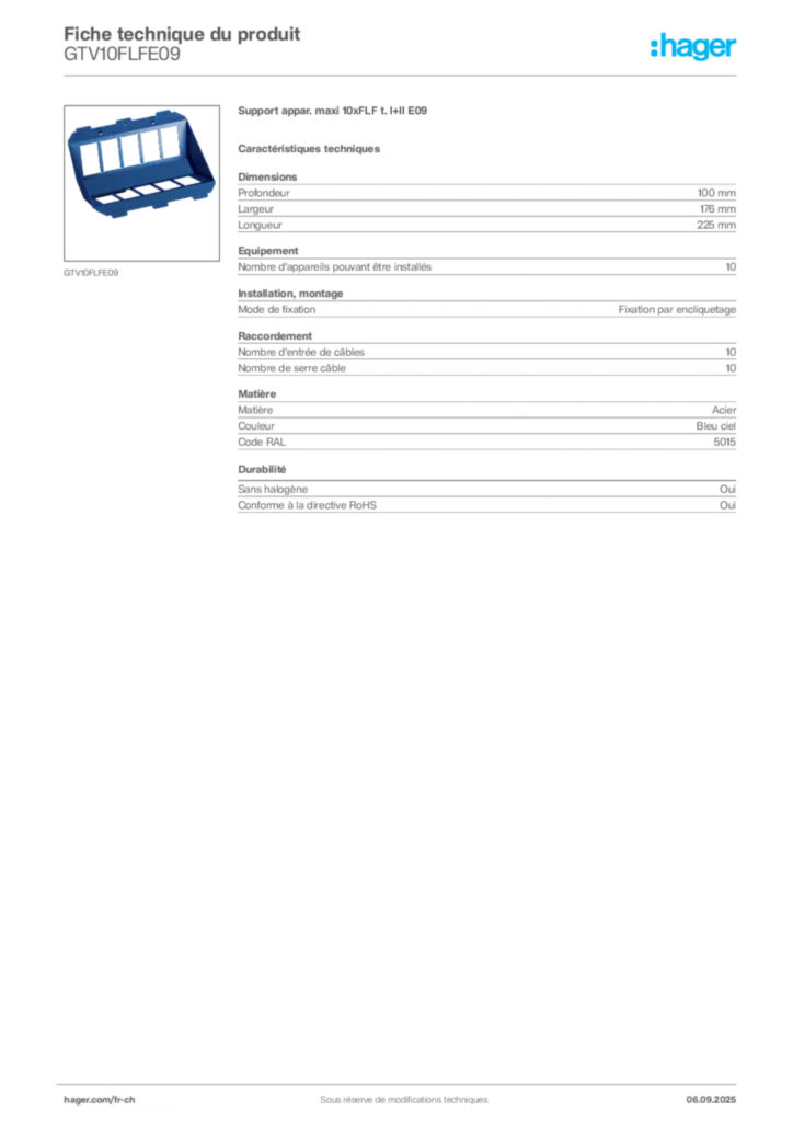 Image Hager Fiche technique du produit GTV10FLFE09 | Hager Suisse