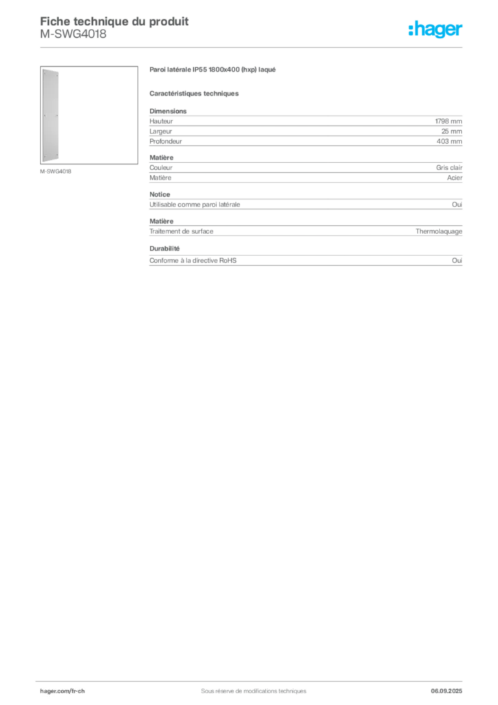 Image Hager Fiche technique du produit M-SWG4018 | Hager Suisse