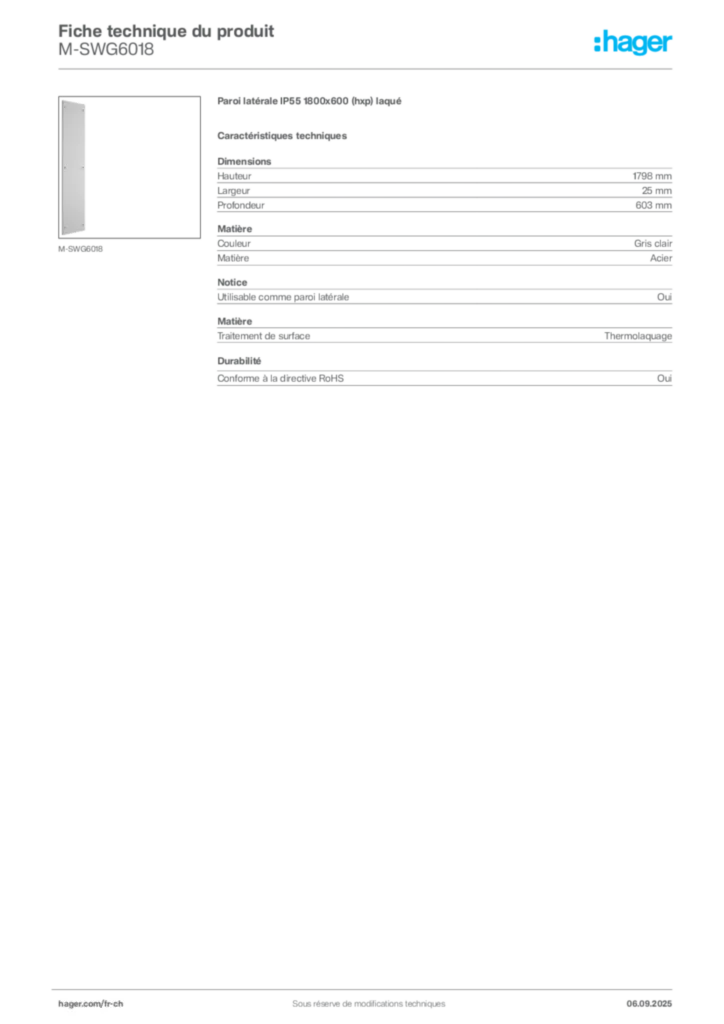 Image Hager Fiche technique du produit M-SWG6018 | Hager Suisse