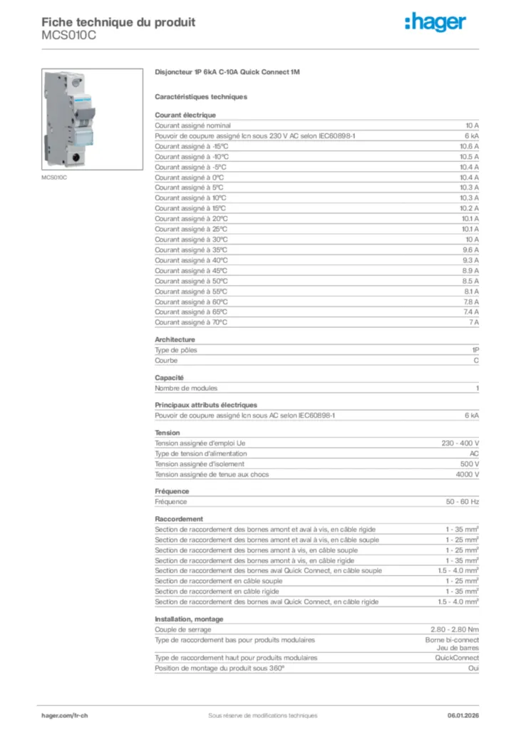 Image Hager Fiche technique du produit MCS010C | Hager Suisse