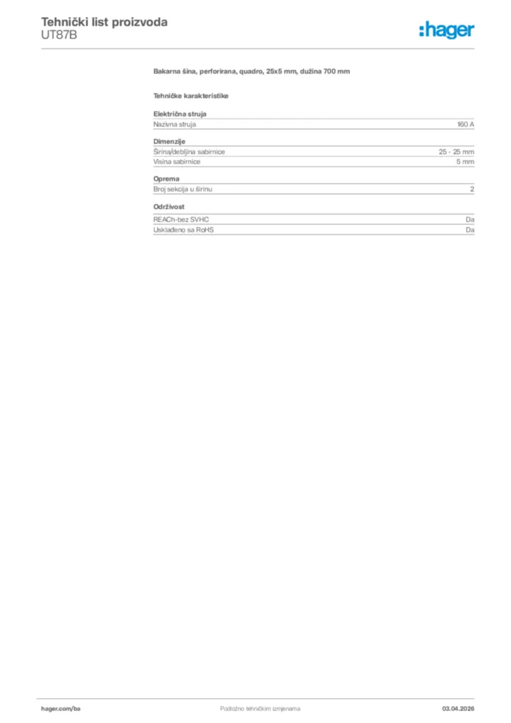Slika Hager Tehnički list proizvoda UT87B  | Hager