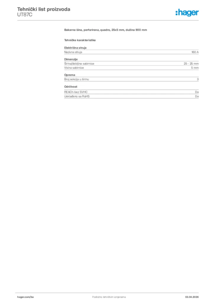 Slika Hager Tehnički list proizvoda UT87C  | Hager