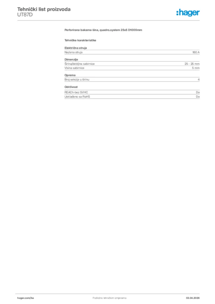 Slika Hager Tehnički list proizvoda UT87D  | Hager