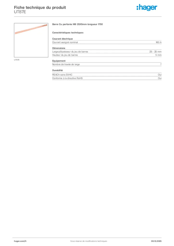 Image Hager Fiche technique du produit UT87E | Hager France