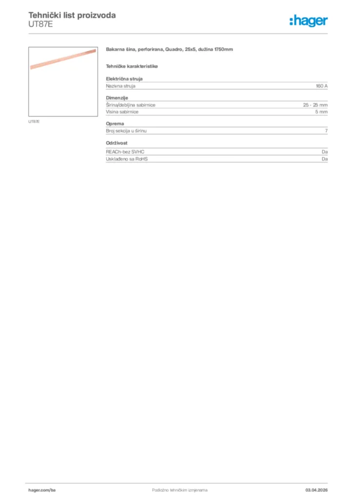 Slika Hager Tehnički list proizvoda UT87E  | Hager