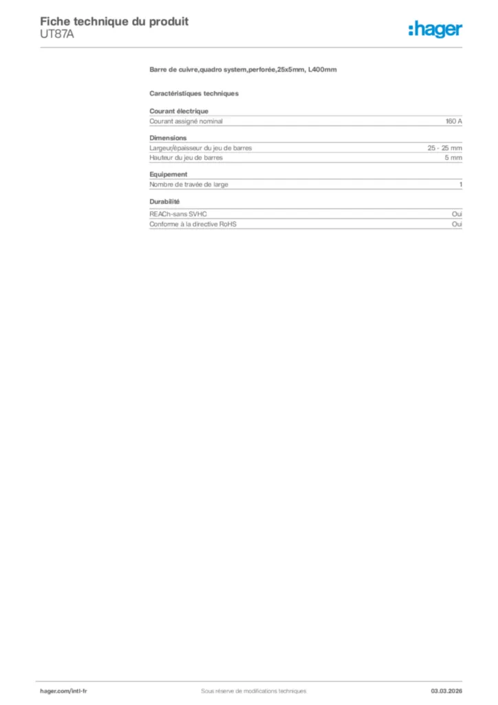 Image Hager Fiche technique du produit UT87A | Hager Afrique
