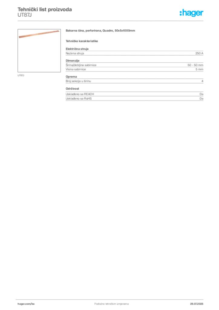 Slika Hager Product data sheet UT87J  | Hager