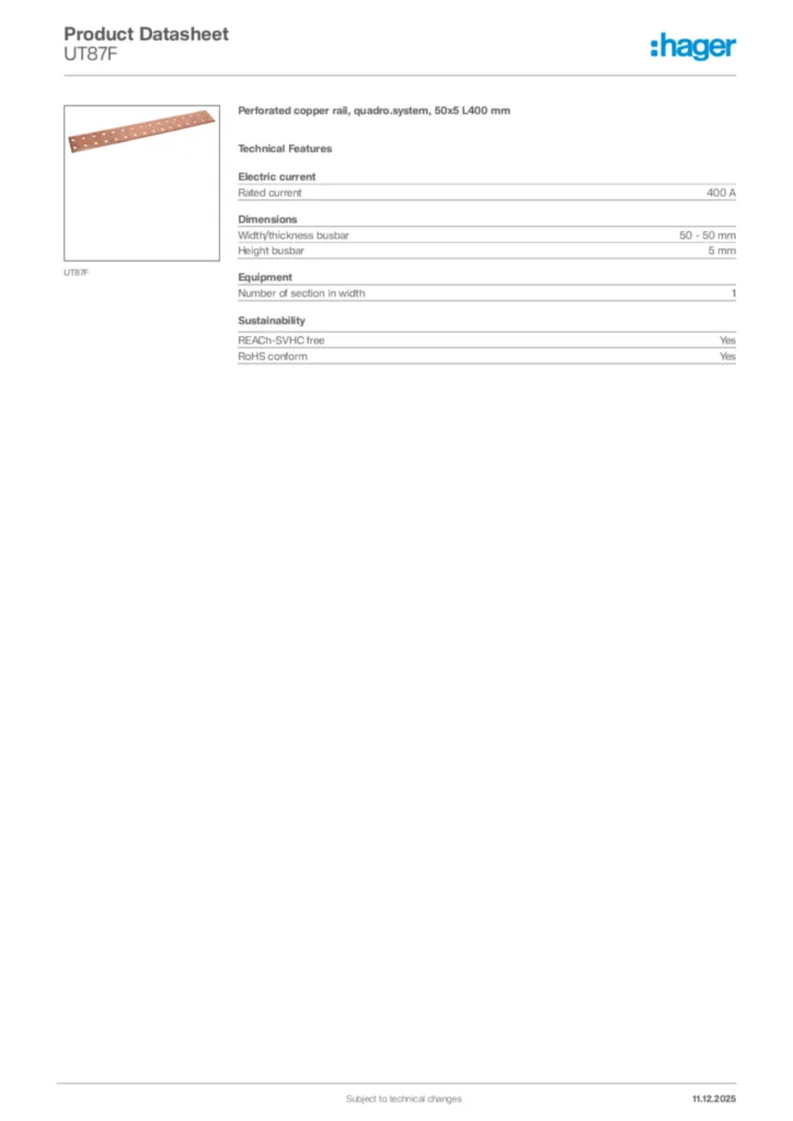 Image Hager Product data sheet UT87F  | Hager Africa