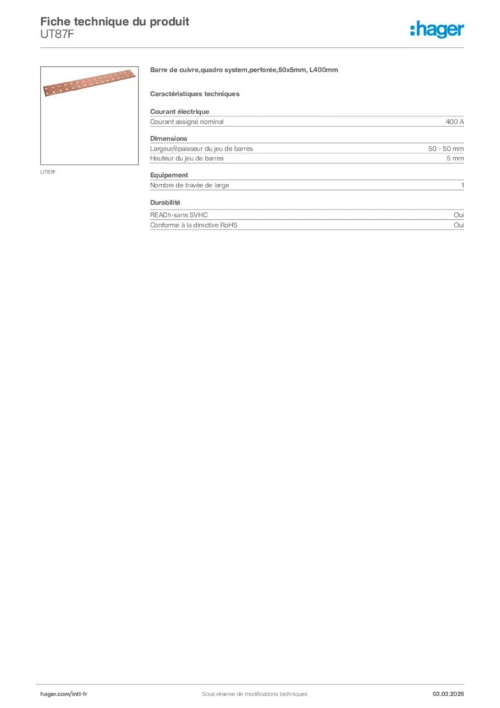 Image Hager Fiche technique du produit UT87F | Hager Afrique