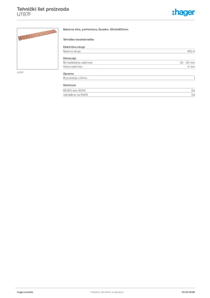 Slika Hager Tehnički list proizvoda UT87F  | Hager