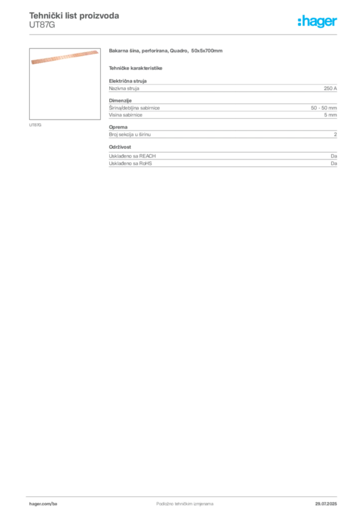 Slika Hager Product data sheet UT87G  | Hager