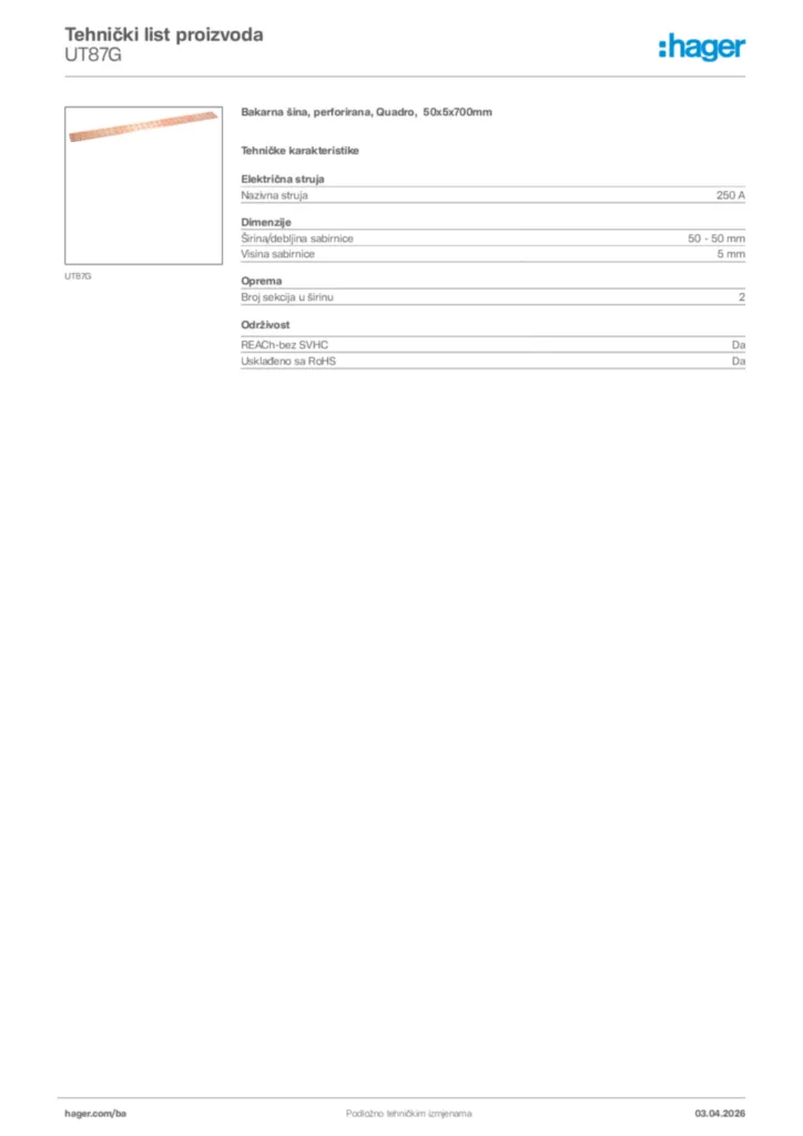 Slika Hager Tehnički list proizvoda UT87G  | Hager