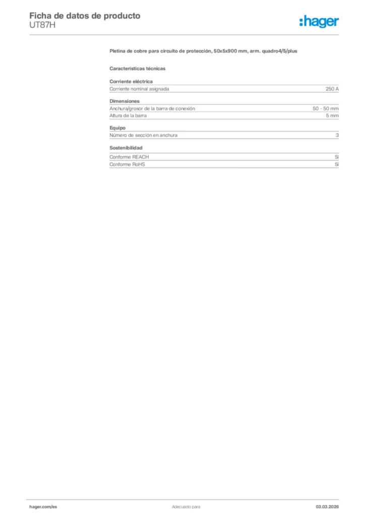 Imagen Hager Ficha de datos de producto UT87H | Hager España