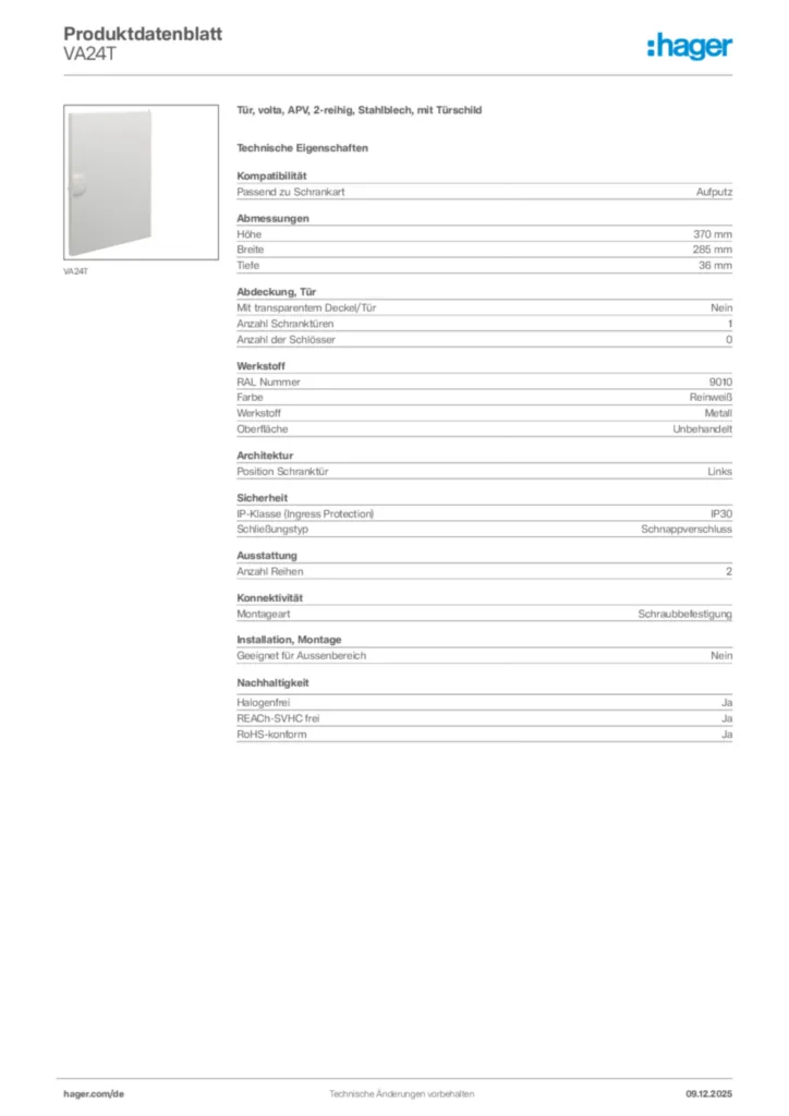 Bild Hager Produktdatenblatt VA24T | Hager Deutschland