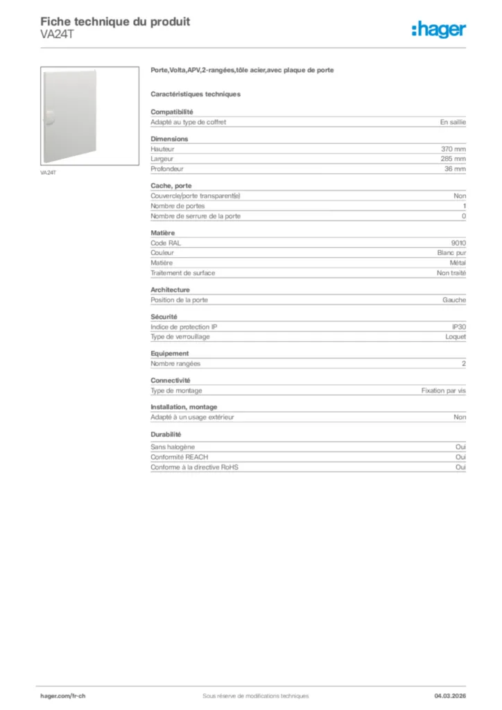 Image Hager Fiche technique du produit VA24T | Hager Suisse