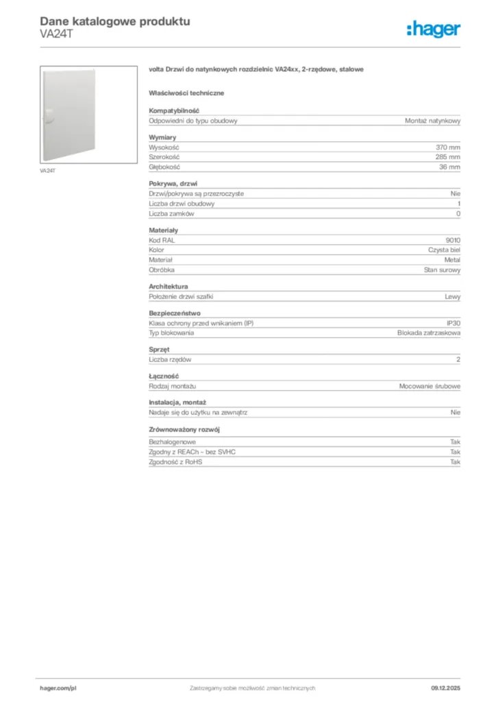 Zdjęcie Hager Karta katalogowa VA24T | Hager Polska