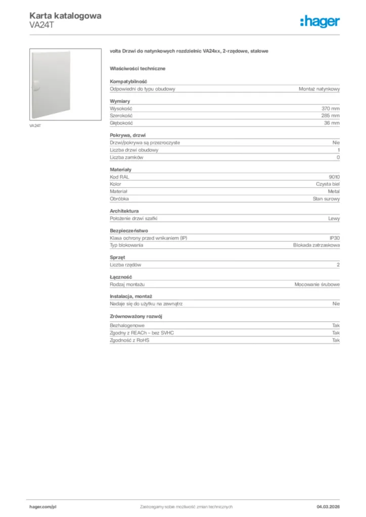 Zdjęcie Hager Karta katalogowa VA24T | Hager Polska