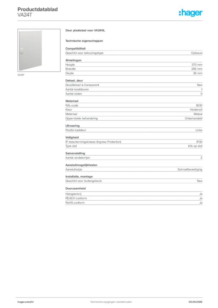 Afbeelding Hager Productdatablad VA24T | Hager Nederland