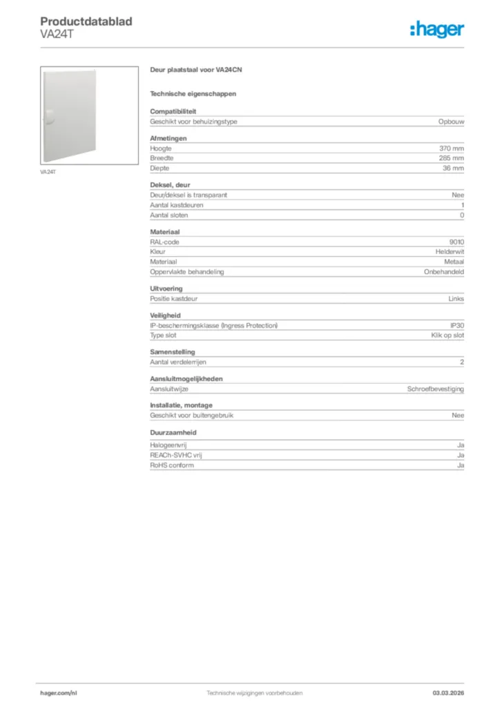 Afbeelding Hager Productdatablad VA24T | Hager Nederland