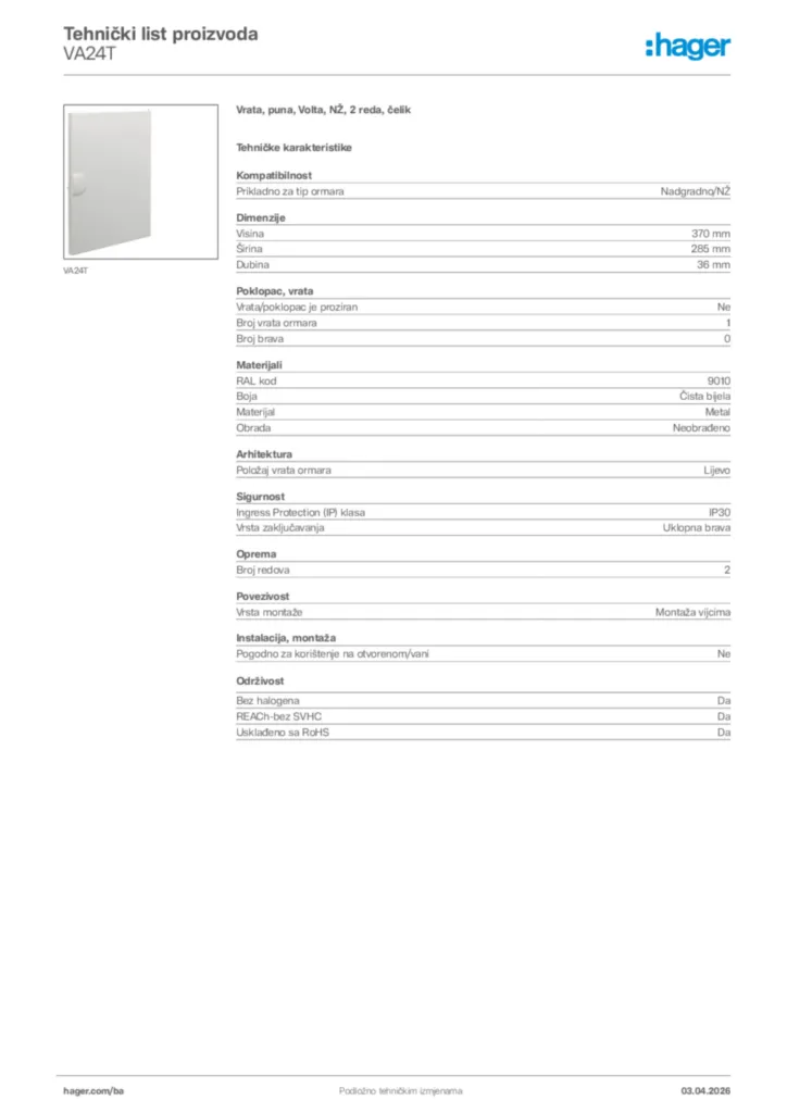 Slika Hager Tehnički list proizvoda VA24T  | Hager