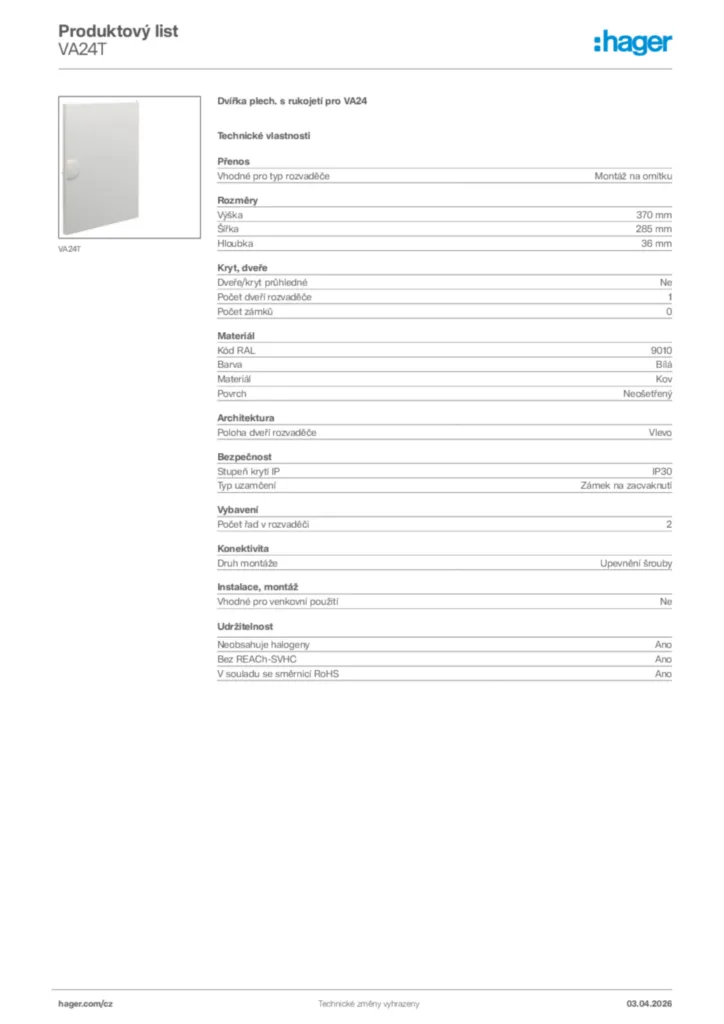 Obrázek Hager Product data sheet VA24T | Hager