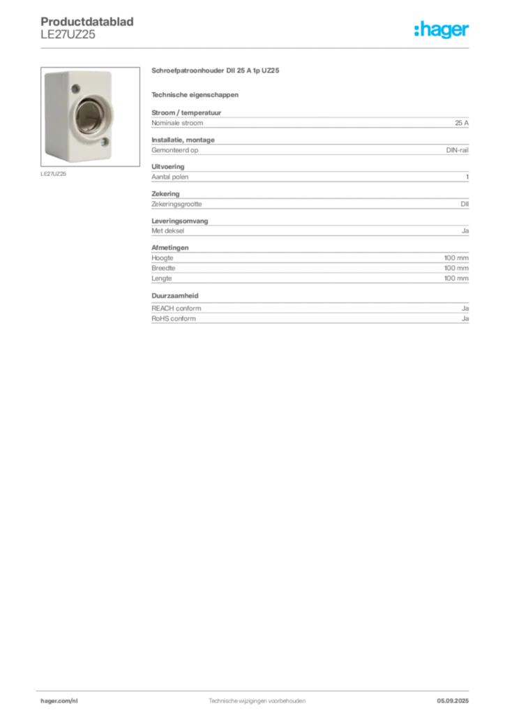 Afbeelding Hager Productdatablad LE27UZ25 | Hager Nederland