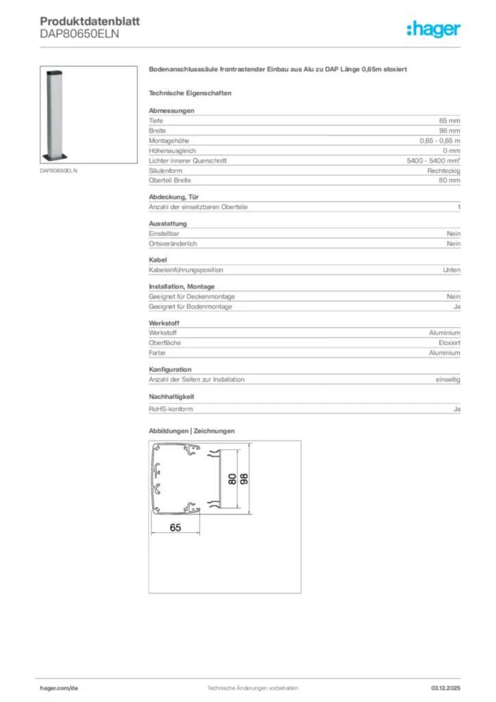 Bild Hager Produktdatenblatt DAP80650ELN | Hager Deutschland