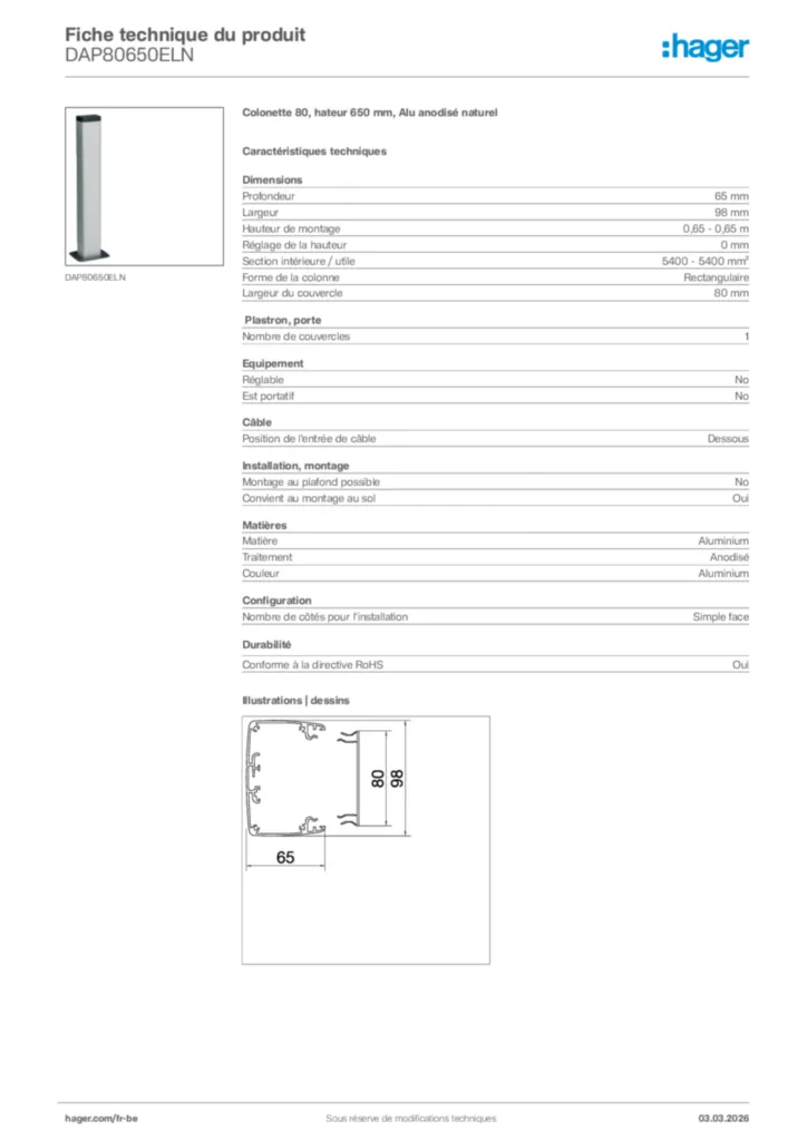 Image Hager Fiche technique du produit DAP80650ELN | Hager Belgique