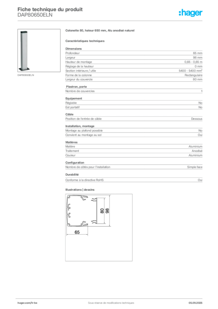 Image Hager Fiche technique du produit DAP80650ELN | Hager Belgique