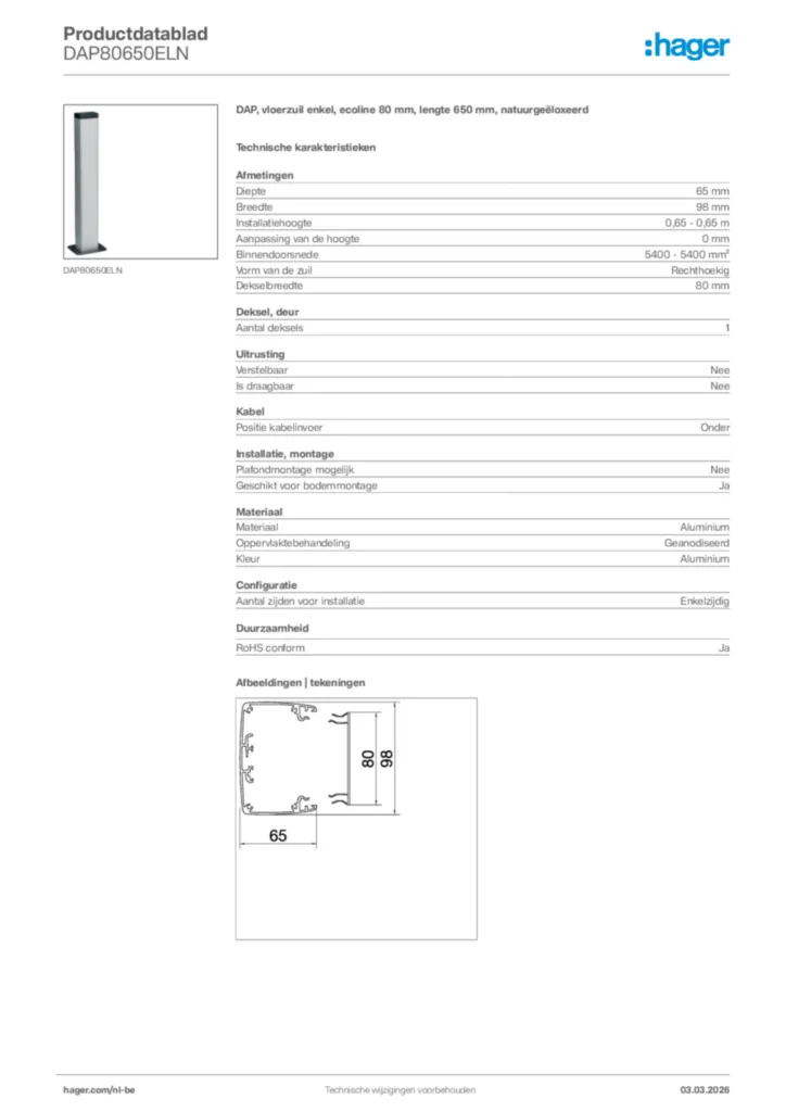 Afbeelding Hager Productdatablad DAP80650ELN | Hager Belgium