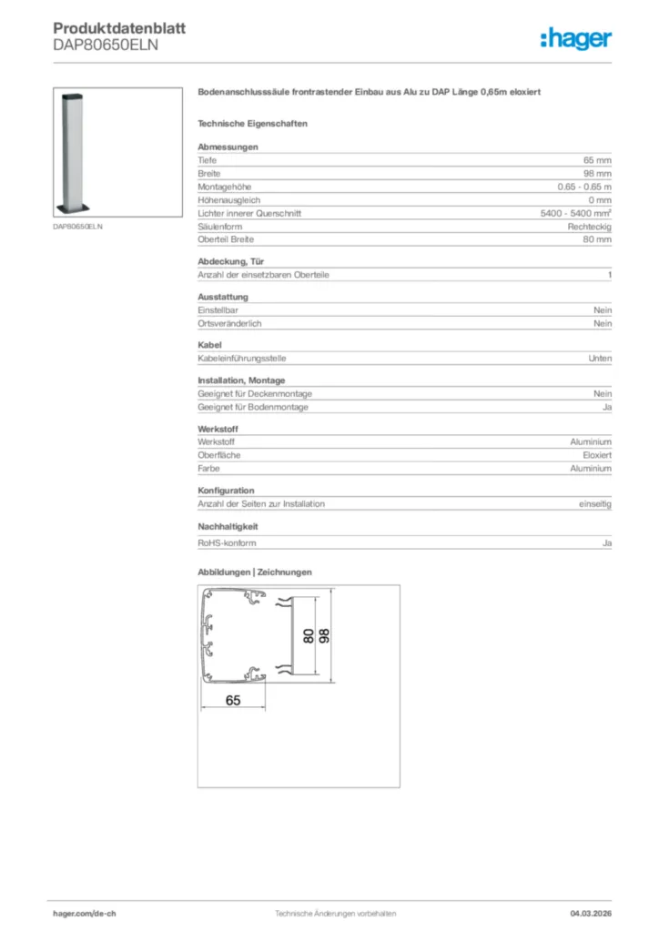 Bild Hager Produktdatenblatt DAP80650ELN | Hager Schweiz