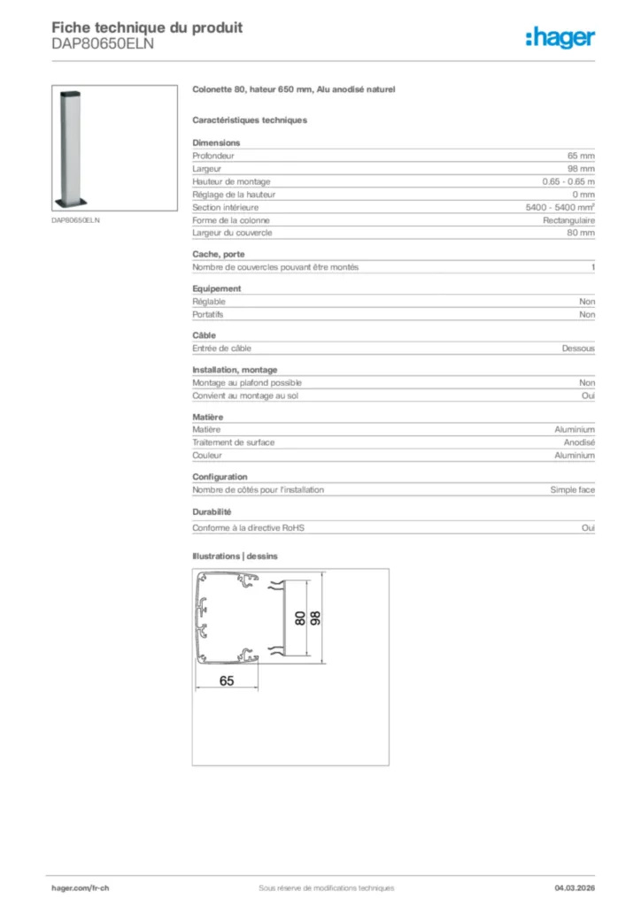 Image Hager Fiche technique du produit DAP80650ELN | Hager Suisse