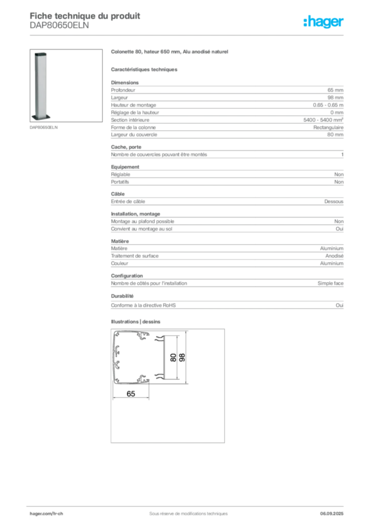 Image Hager Fiche technique du produit DAP80650ELN | Hager Suisse