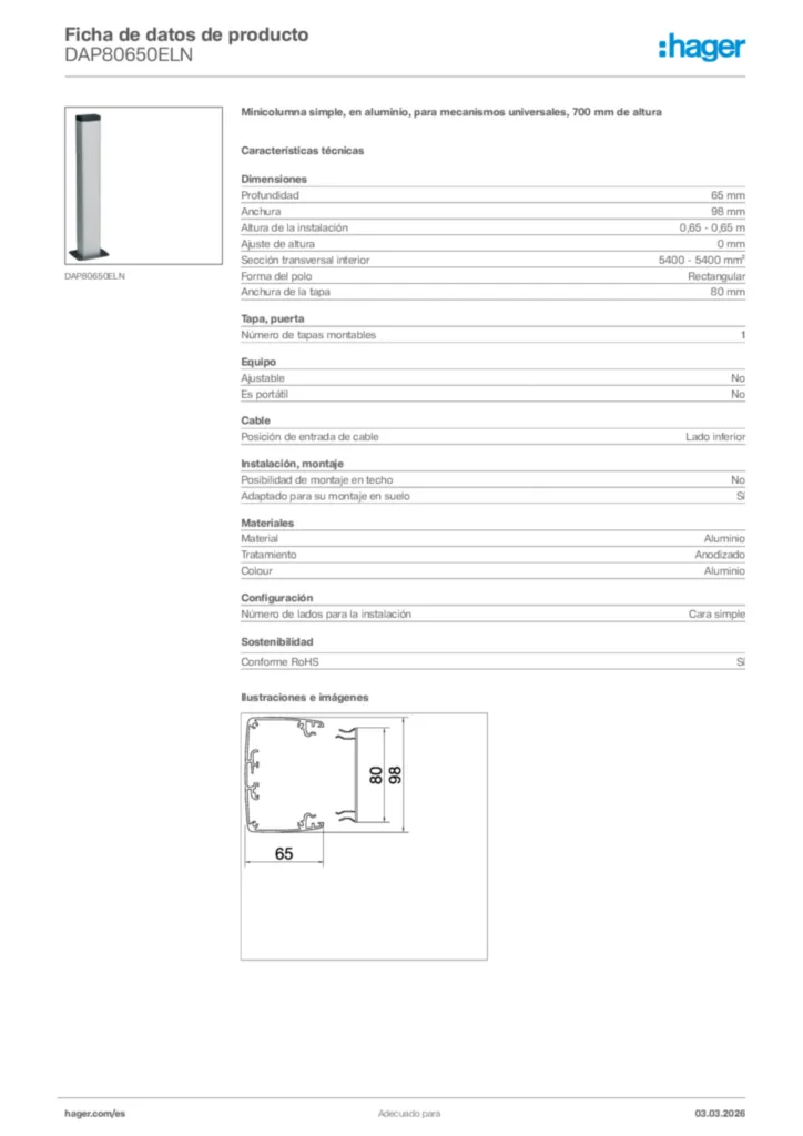 Imagen Hager Ficha de datos de producto DAP80650ELN | Hager España