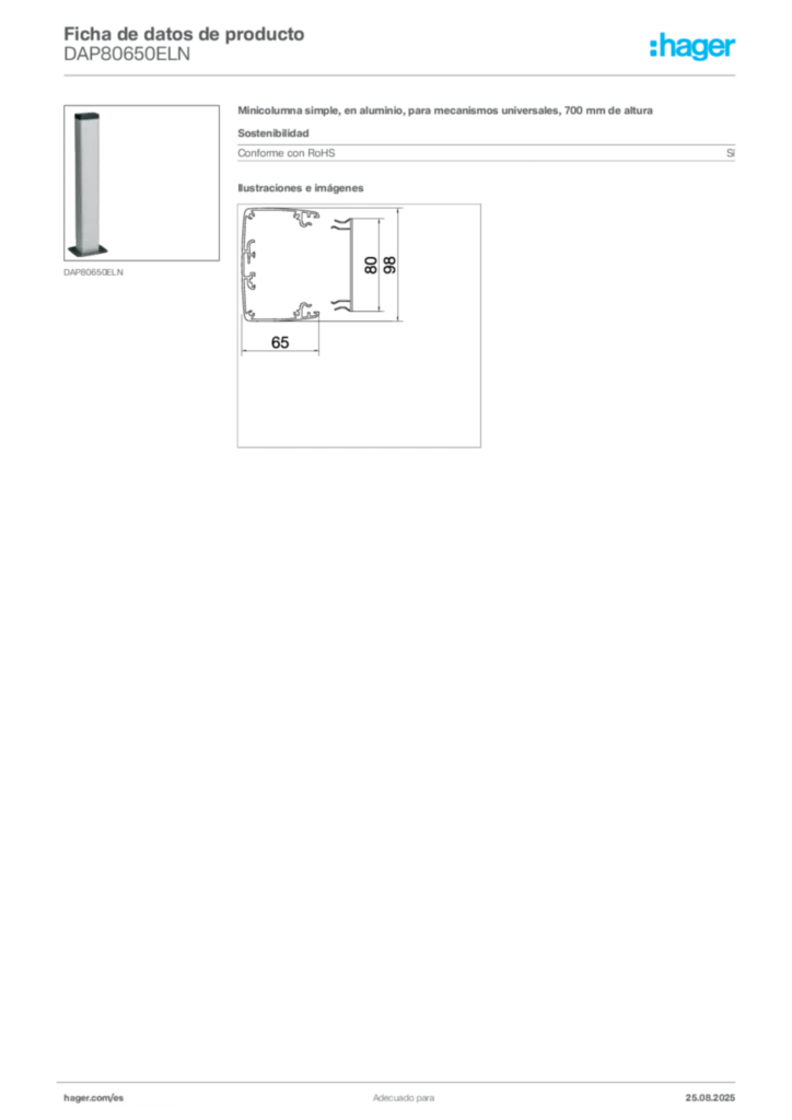 Imagen Hager Ficha de datos de producto DAP80650ELN | Hager España