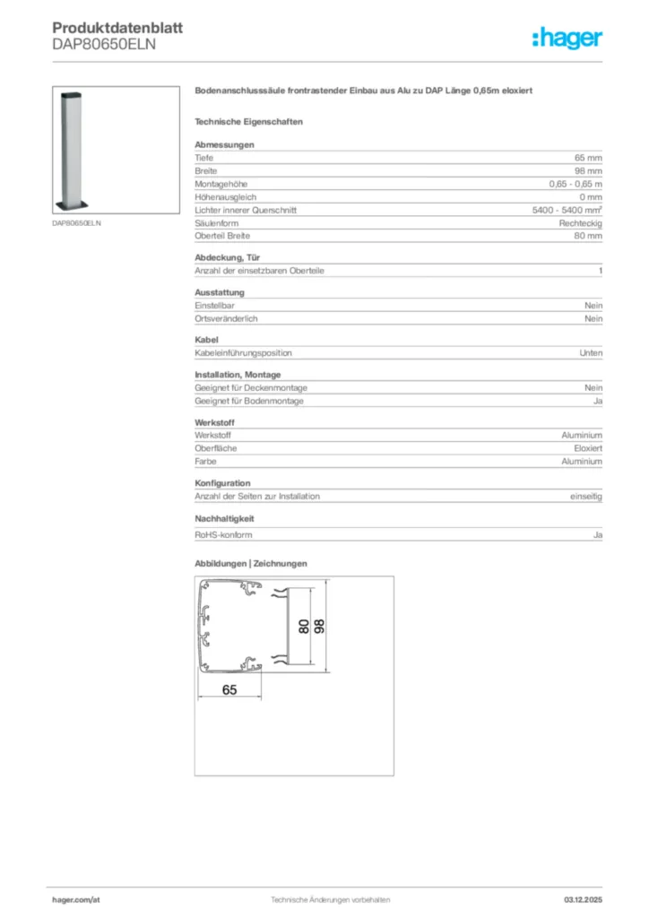 Bild Hager Produktdatenblatt DAP80650ELN | Hager Deutschland
