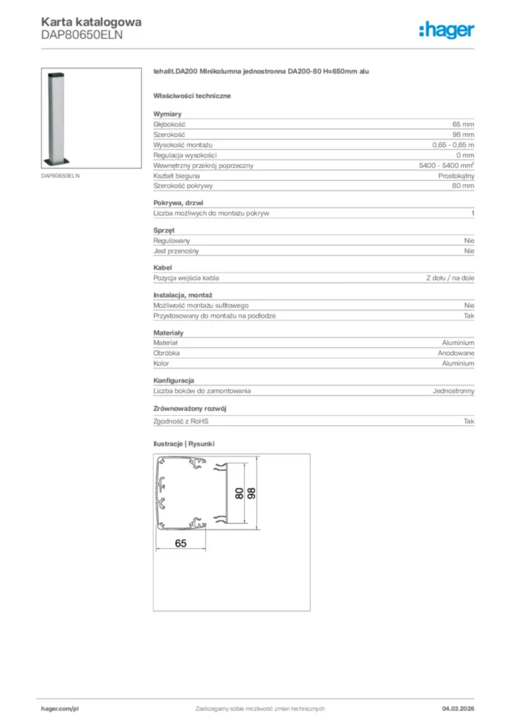Zdjęcie Hager Karta katalogowa DAP80650ELN | Hager Polska