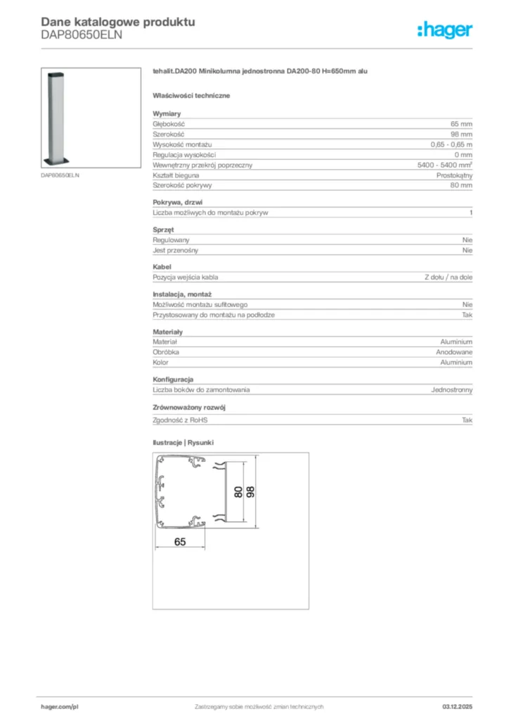 Zdjęcie Hager Dane katalogowe produktu DAP80650ELN | Hager Polska