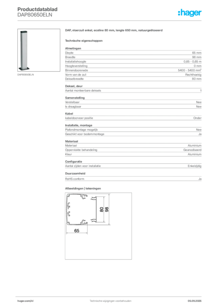 Afbeelding Hager Productdatablad DAP80650ELN | Hager Nederland