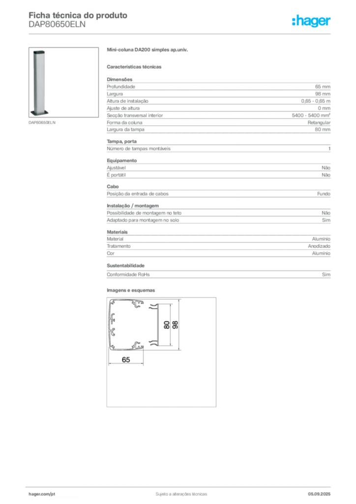 Imagem Hager Ficha técnica do produto DAP80650ELN | Hager Portugal