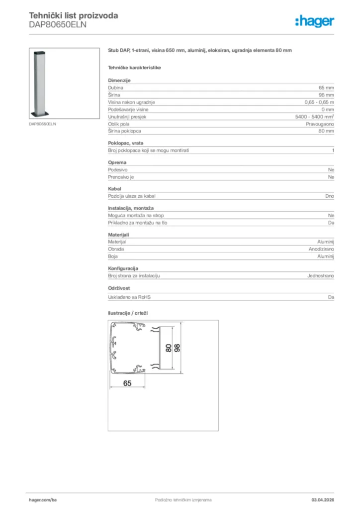 Slika Hager Tehnički list proizvoda DAP80650ELN  | Hager