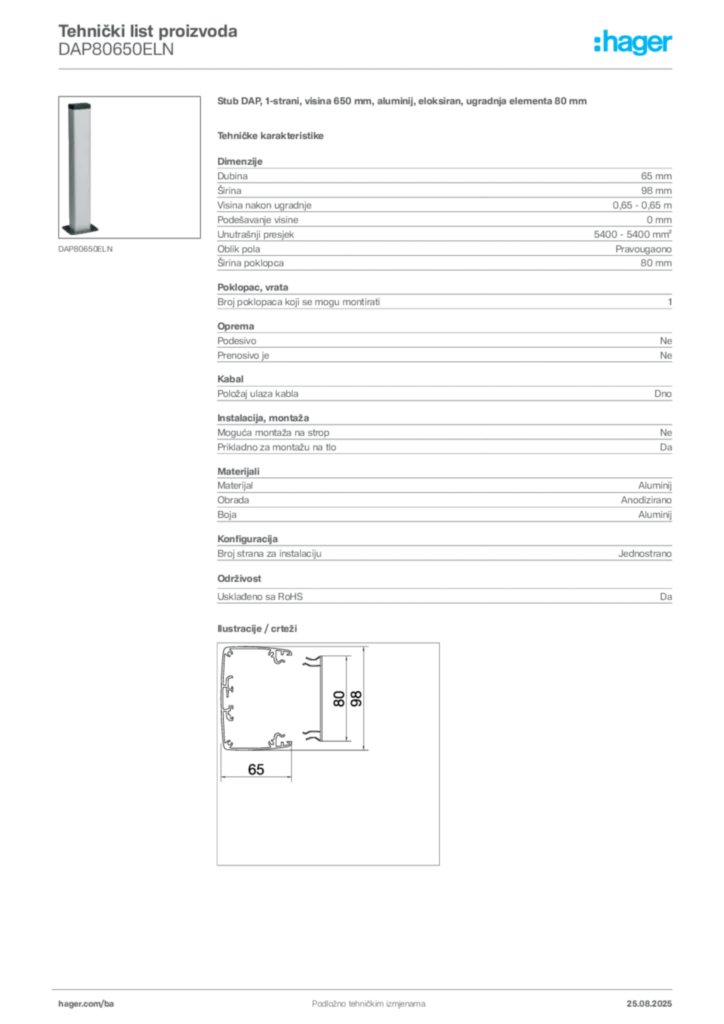 Slika Hager Product data sheet DAP80650ELN  | Hager