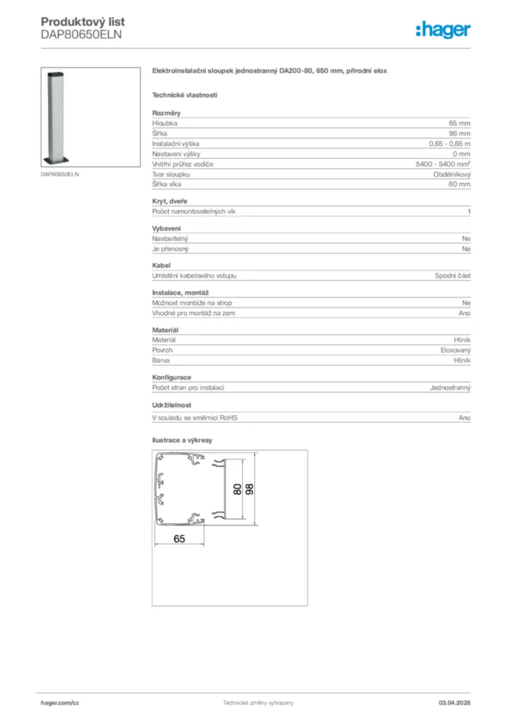 Obrázek Hager Product data sheet DAP80650ELN | Hager