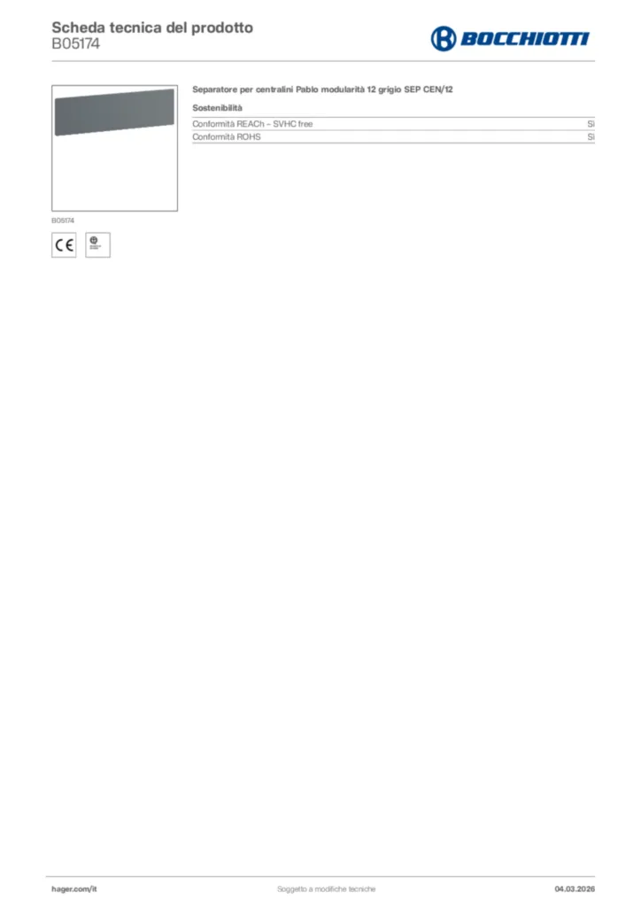 Immagine Bocchiotti Scheda tecnica del prodotto B05174 | Hager Italia