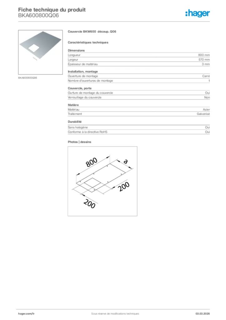 Image Hager Fiche technique du produit BKA600800Q06 | Hager France