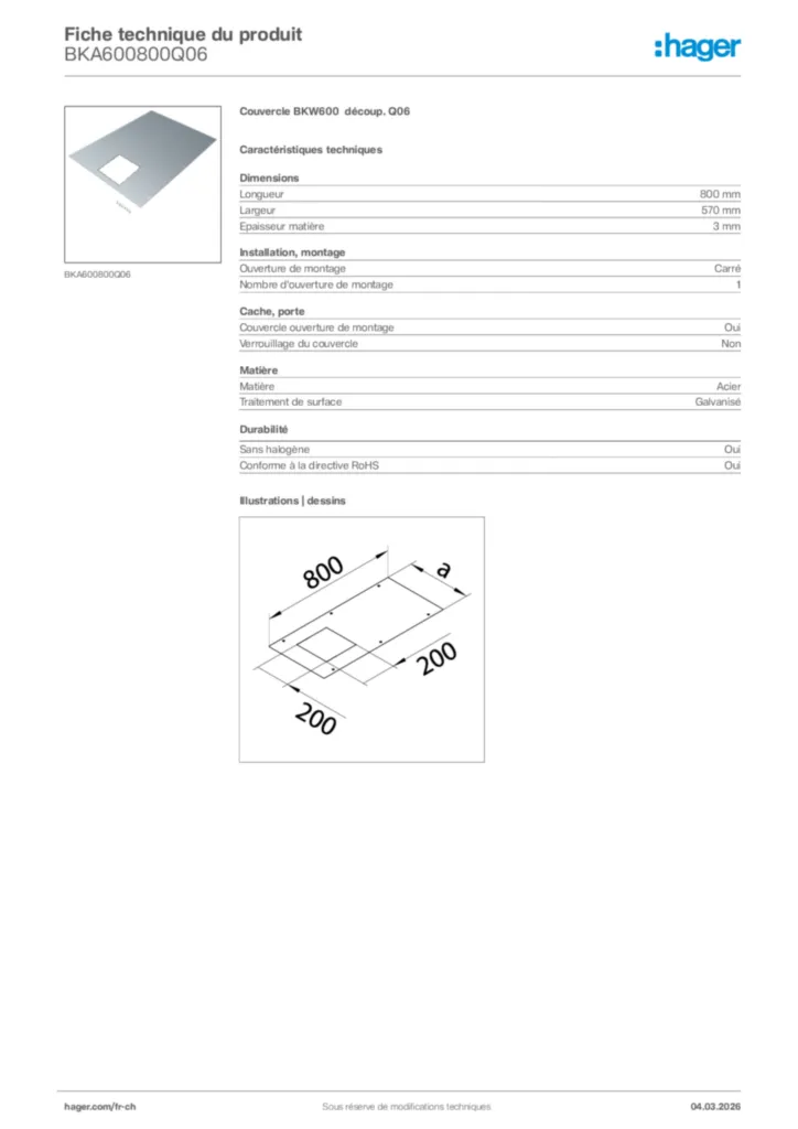 Image Hager Fiche technique du produit BKA600800Q06 | Hager Suisse