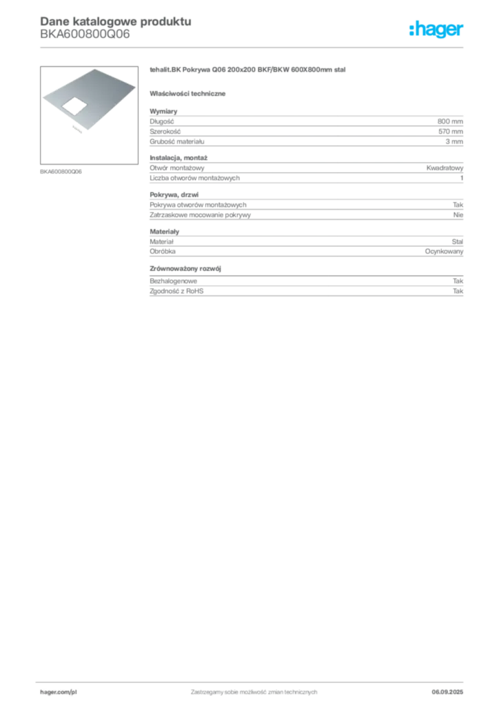 Zdjęcie Hager Dane katalogowe produktu BKA600800Q06 | Hager Polska