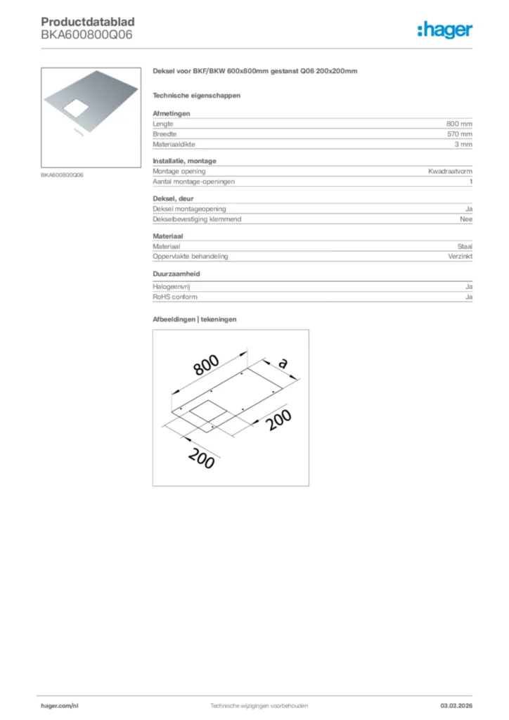 Afbeelding Hager Productdatablad BKA600800Q06 | Hager Nederland